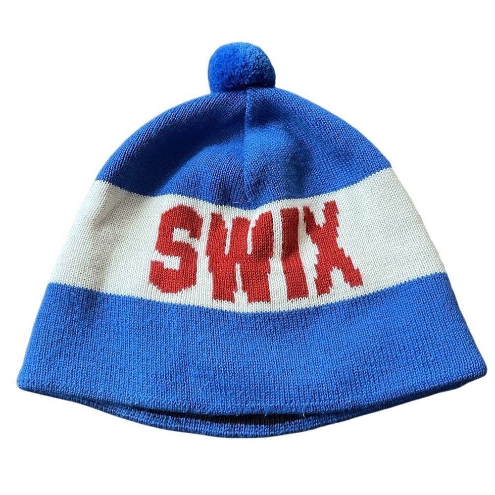 Swix Nordic Wool Blend Blue Beanie Pom Pom USA 58 L XL Ski Sport Hat Knit Logo
